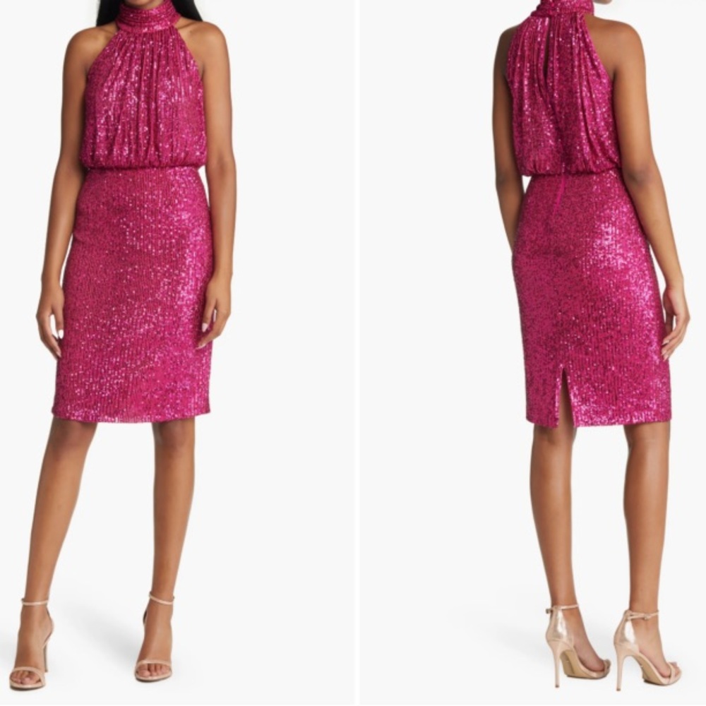 Eliza J NWT Hot Pink Sequin Halter Blousen Barbie New Years Bachelorette Vegas 8
